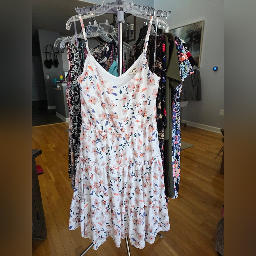 Floral Tiered White Sundress with Peach & Navy Print